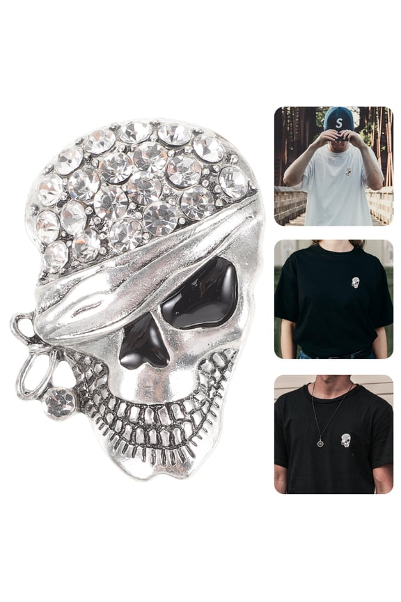 Skull Bones Brooch Pin Rhinestone Gothic Punk Breastpin for Women Men (X1514, Silver)