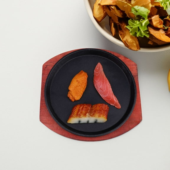 FRCOLOR Small Cast Iron Skillets Round Fajita Plates with Wooden Base Tray Sizzling Steak Pan Nonstick BBQ Stovetop Grill for Induction Cooker