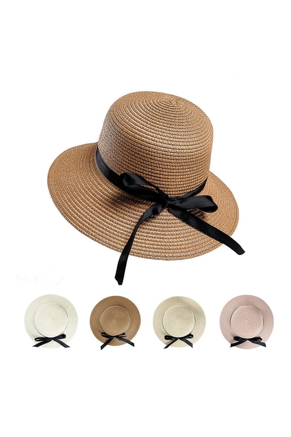 FRCOLOR Straw Bow Sun Hat Woman Simple Durable Bowknot Sun Block Cap for Beach Travel Outdoor (White)