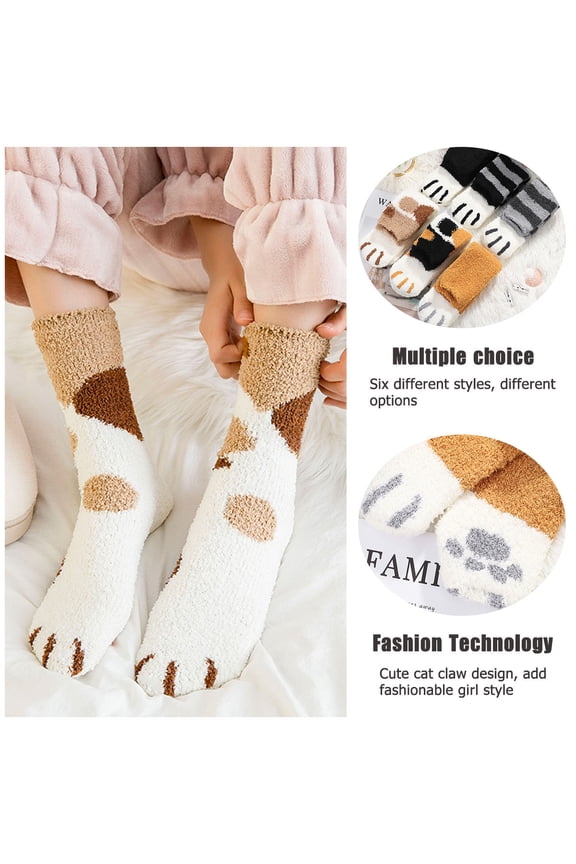 TENDYCOCO 6 Pair Thicken Coral Fleece Middle Tube Cat's Claws Pattern Socks Warm Floor Socks Fluffy Sleep Bed Socks (Black, Yellow, Stripes Black, Stripes Grey, Spotted Black, Spotted Khaki)