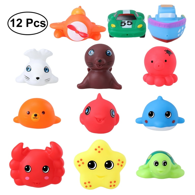 Frcolor Toymytoy 12 Pcs Bath Toys Sea Animals Vehicles Water Spraying Squeaker Fun Bathtub Toys for Babies Toddlers Kids