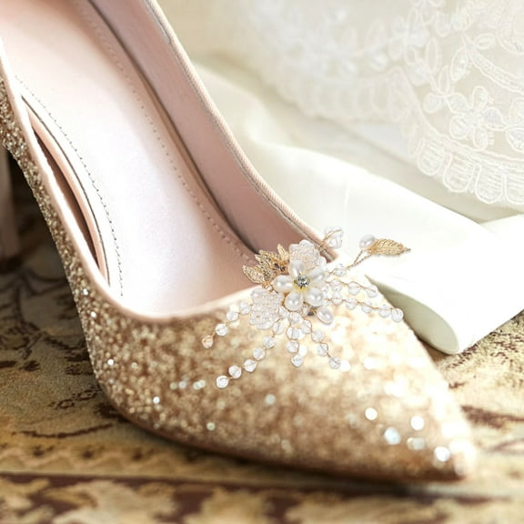 TAILTOSS 1Pair Golden Flower Shoe Buckles Detachable Bridal Decoration for Wedding Party