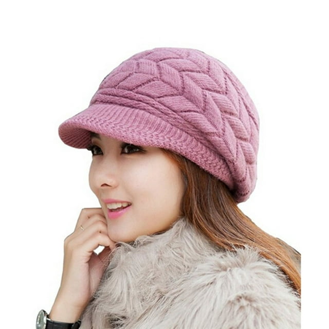 FRCOLOR Women Winter Warm Knit Hat Wool Snow Ski With Visor (Purple ...