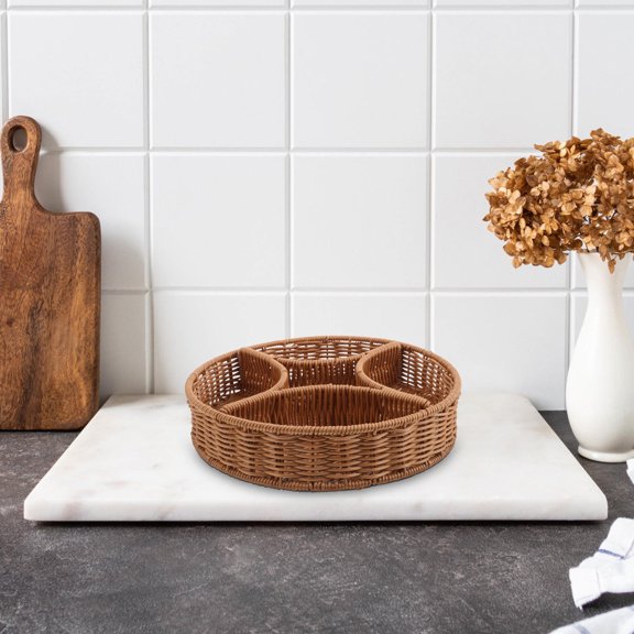 FRCOLOR Woven Fruit Basket Divided Plate Serving Tray Imitation Rattan Storage Basket for Fruit Veggies Candy and Snacks for Kitchen