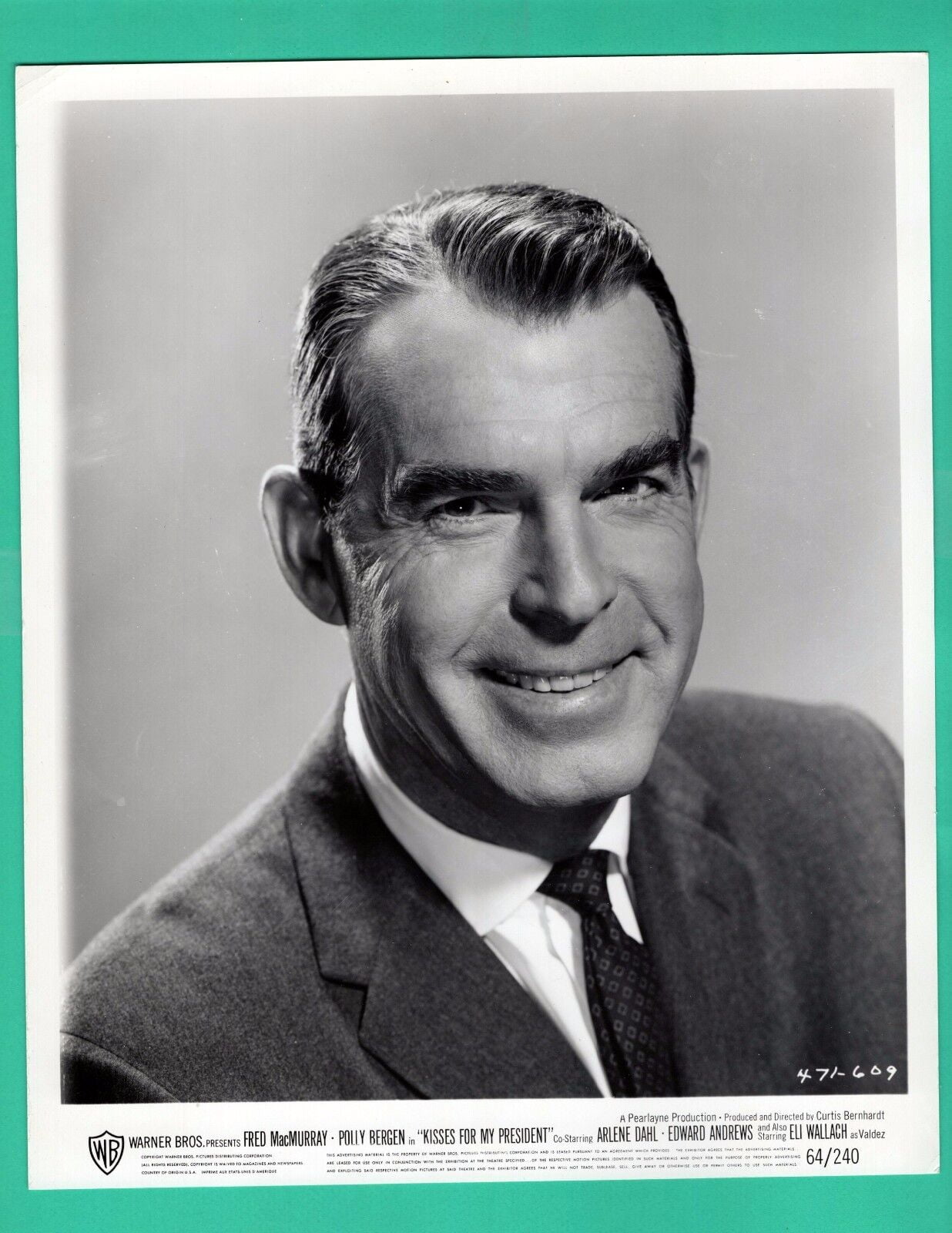 FRED MACMURRAY Actor Movie Star Promo 1964 Photo KISSES FOR MY