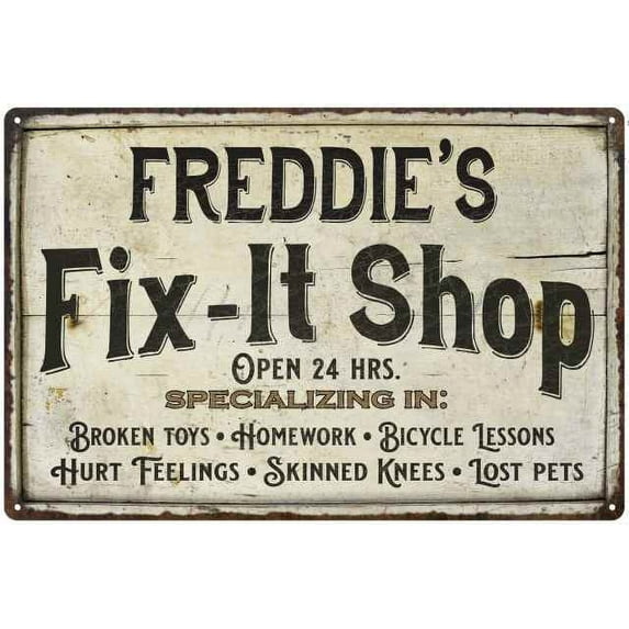 FREDDIE'S Fix-It Shop Sign Grandpa Dad Wall Decor Gift 8x12 Metal 208120006302