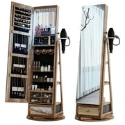 FREDEES 360° Full Length Mirror with Jewelry Storage, Standing Jewelry Armoire Cabinet with Lights, Rustic Brown