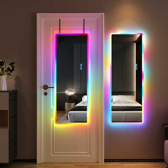 FREDEES 47" LED Full Length Mirror with RGB Lights, Over the Door Mirror with 7 Colors Dimmable,Wall/Door Mounted Hanging Mirror