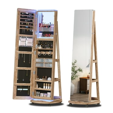 FREDEES Full-length mirror Jewelry Cabinet Standing with Lights, 360° Swivel Jewelry Armoire with Lights, Rustic Brown
