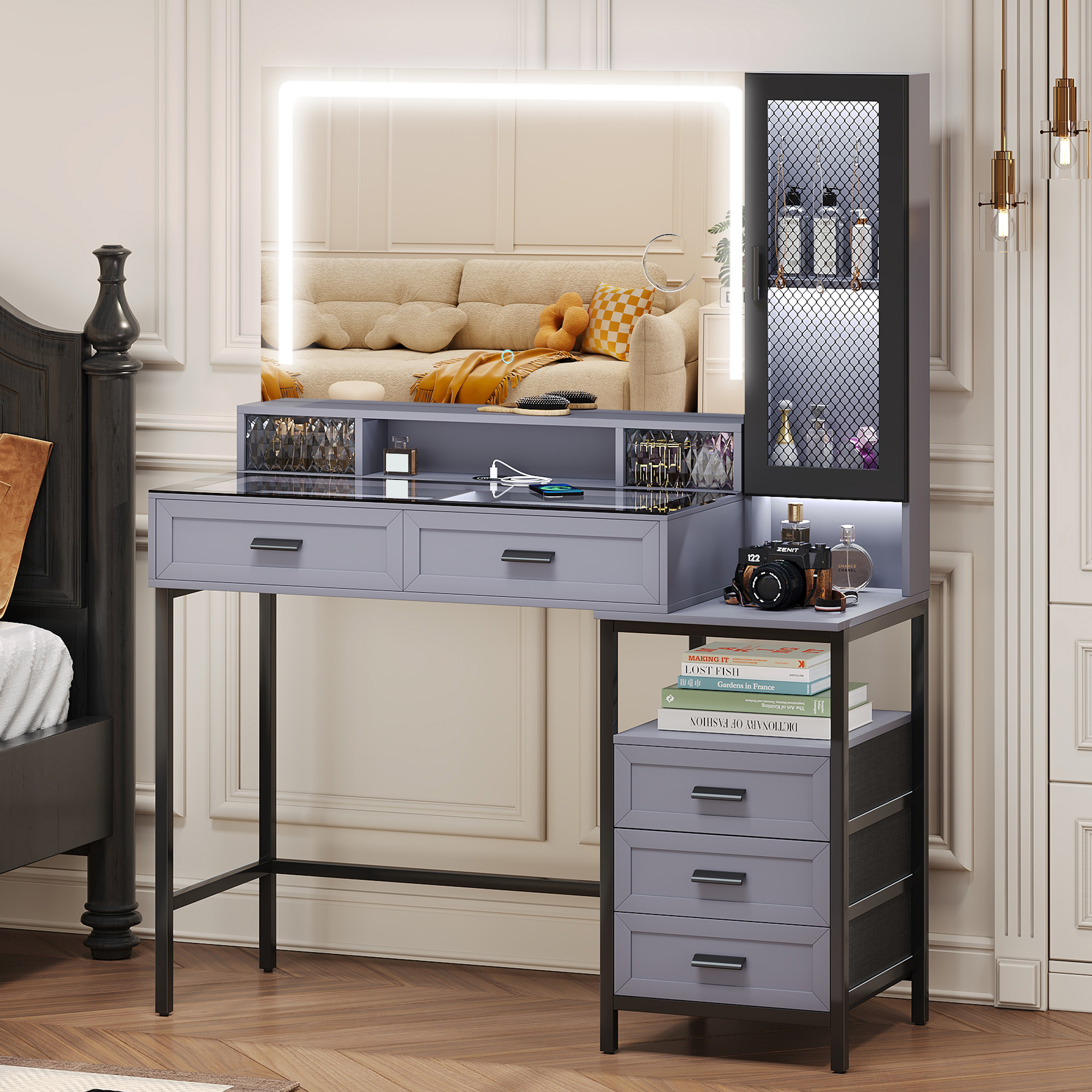 FREDEES Glass Top Design Makeup Vanity Desk with Mirror and Lights for 