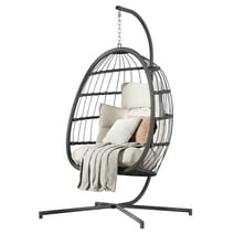 FREDEES Hanging Egg Chair with Stand, Patio Wicker Egg Swing Chair with Cushion for Bedroom Garden Indoor Outdoor, Beige