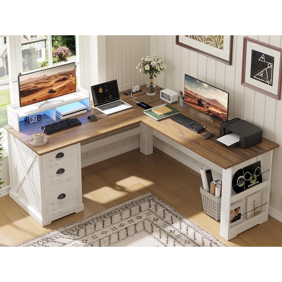 FREDEES L Shaped Desk with Movable Stand and Led Lights, 59 inch Farmhouse Home Office Desk with File Drawer, Corner Computer Desk with Power Outlets, Executive Desk for Working,Gaming-Antique White