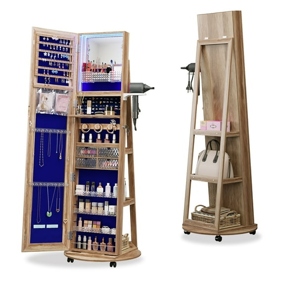 FREDEES，LED 360° Rotating jewelry cabinet, Full-length mirror with jewelry storage, LED mirror jewelry cabinet standing, Lockable floor mirror, Light grey