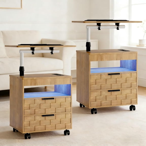 FREDEES Nightstand Set 2 with Charging Station, LED Bedside Table 2 Drawers, Smart Wooden End Table for Laptop Rolling Side Table with Wheels for Dorm, Bedroom (2, Natural)