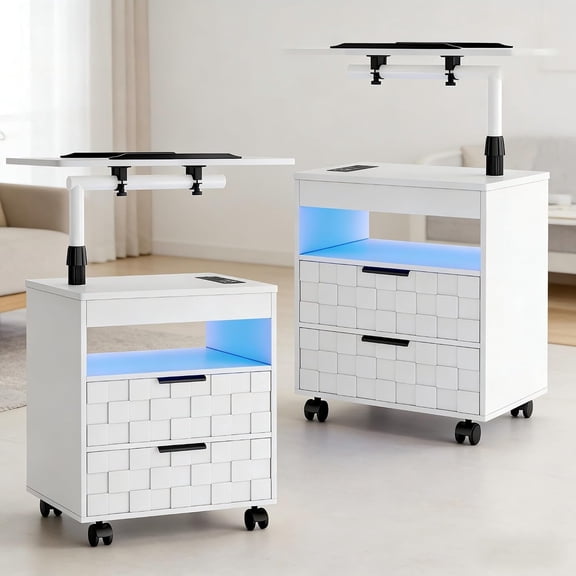 FREDEES Nightstand Set 2 with Charging Station, LED Bedside Table 2 Drawers, Smart Wooden End Table for Laptop Rolling Side Table with Wheels for Dorm, Bedroom (2, White)