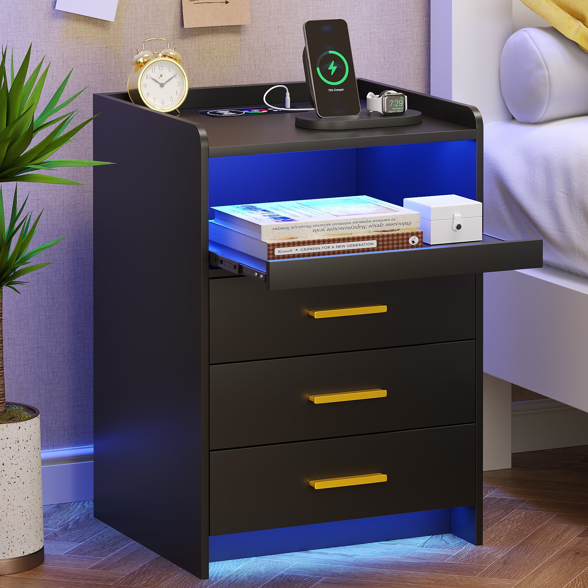 FREDEES Nightstand with Wireless Charging Station, Bedside Table with