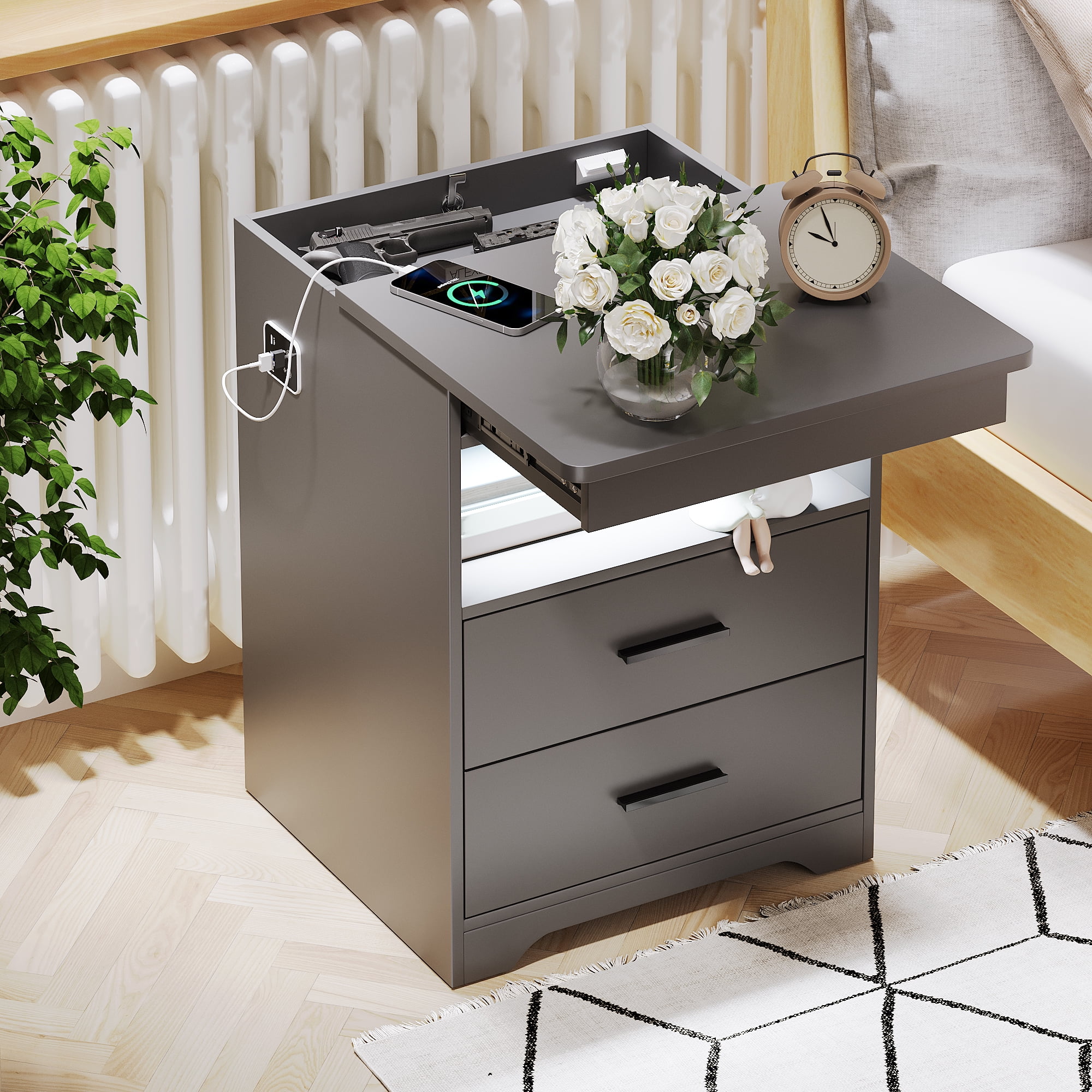 FREDEES Nightstand with Concealed Storage Drawer Wood Night Stand End Side Bedside Table with Secret Hidden Compartment Grey