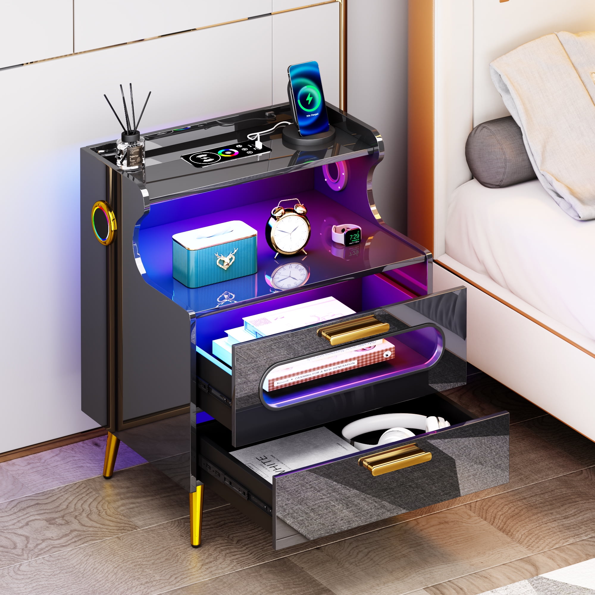 FREDEES Smart Nightstand with Bluetooth Speaker Modern Wood Bedside