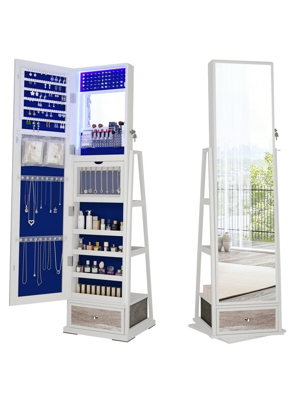 FREDEES Standing Jewelry Cabinet with Mirror and Lights, Wooden Jewelry Armoire Organizer with Full-Length Mirror for Women, White