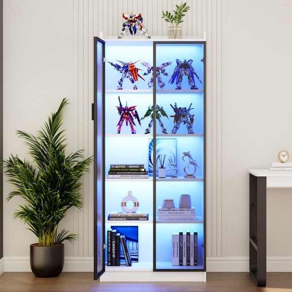 FREDEES Storage Cabinet - White Kitchen Pantry Organizer with Doors and Adjustable Shelves 65" Tall Floor Furniture with Light Sensor for Bathroom Kitchen Dining Room Office