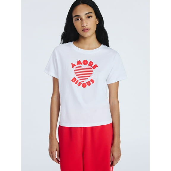 Free Assembly Women's and Women’s Plus Cotton Cropped Boxy Heart Tee with Short Sleeves, Sizes XS-4X