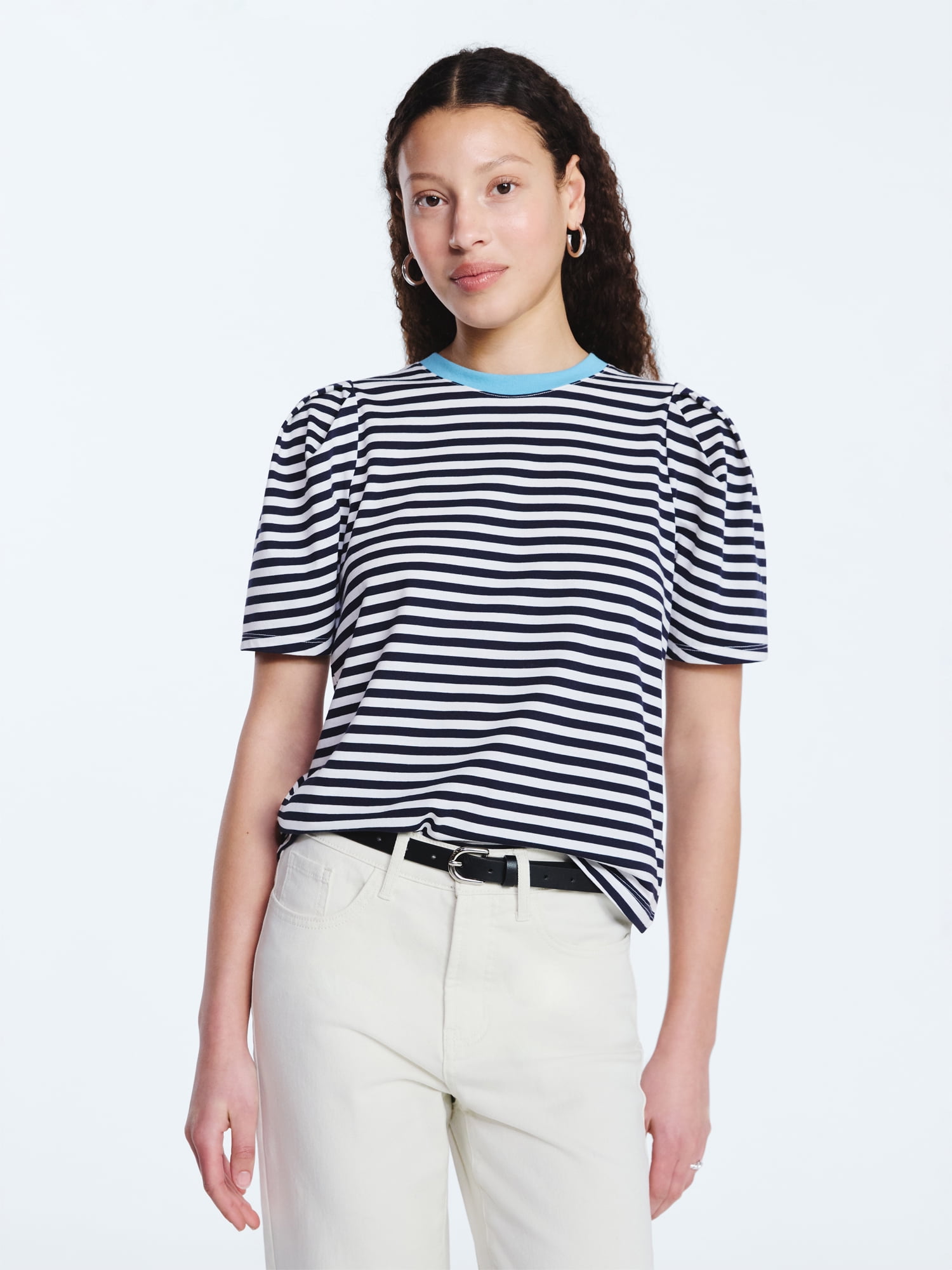 Free Assembly Women's and Women's Plus Crewneck Tee with Puff Sleeves, XS-4X