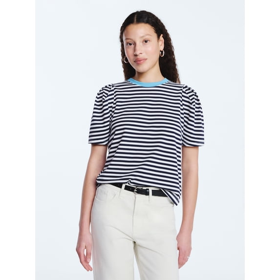 Free Assembly Women's and Women's Plus Crewneck Tee with Puff Sleeves, XS-4X