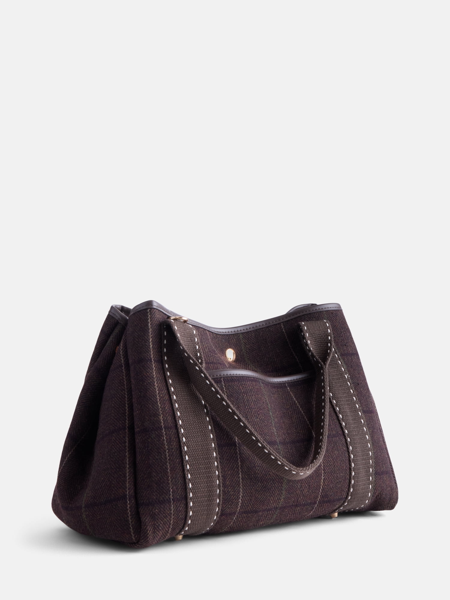 Free Assembly Women’s Plaid Medium Tote Handbag, Dark Brown