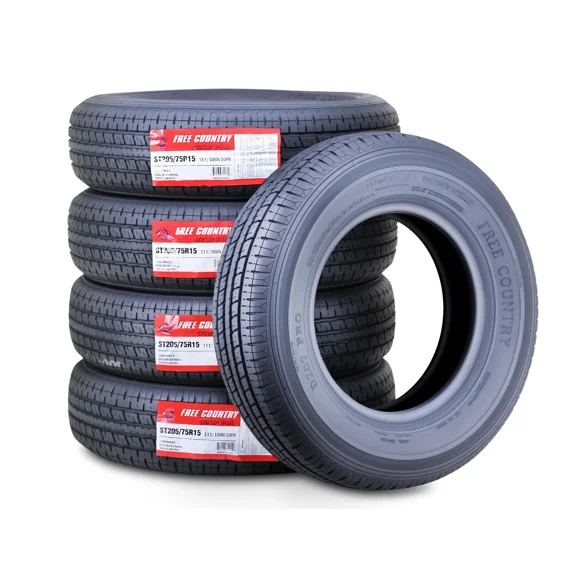 Free Country Heavy Duty ST205/75R15 10PR Load Range E Steel Belted Radial w/Scuff Guard Trailer Tire, Set of 5