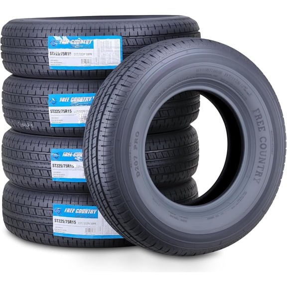 FREE COUNTRY Premium Trailer Tire ST 225 75R15 Radial 10PR Load Range E w/Scuff Guard, Set 5