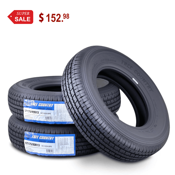 FREE COUNTRY Premium Trailer Tires ST175/80R13 8PR Load Range D Steel Belted Radial w/Scuff Guard, Set 3