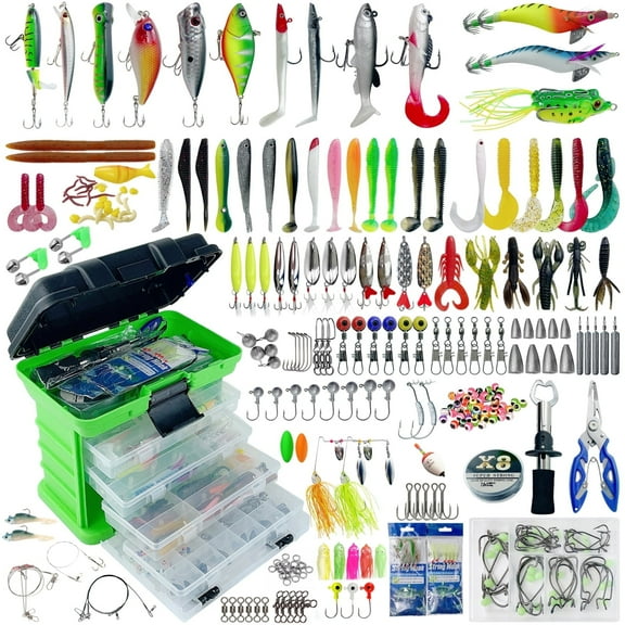 FREE FISHER 353Pcs Fishing Tackle Set Complete Kit with Crank Baits, Minnow, Shrimp Lures, Paddle Tail SwimbaitsJig Head Hook, Plastic Float, Fish Pliers for Saltwater Anglers