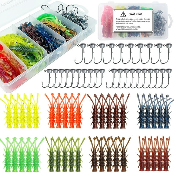 FREE FISHER Ned Fishing Bait, Shrimp Bait Fishing Lure,Worm Lure Set, 71Pcs Lead Hook with Soft Plastic Lures Kit