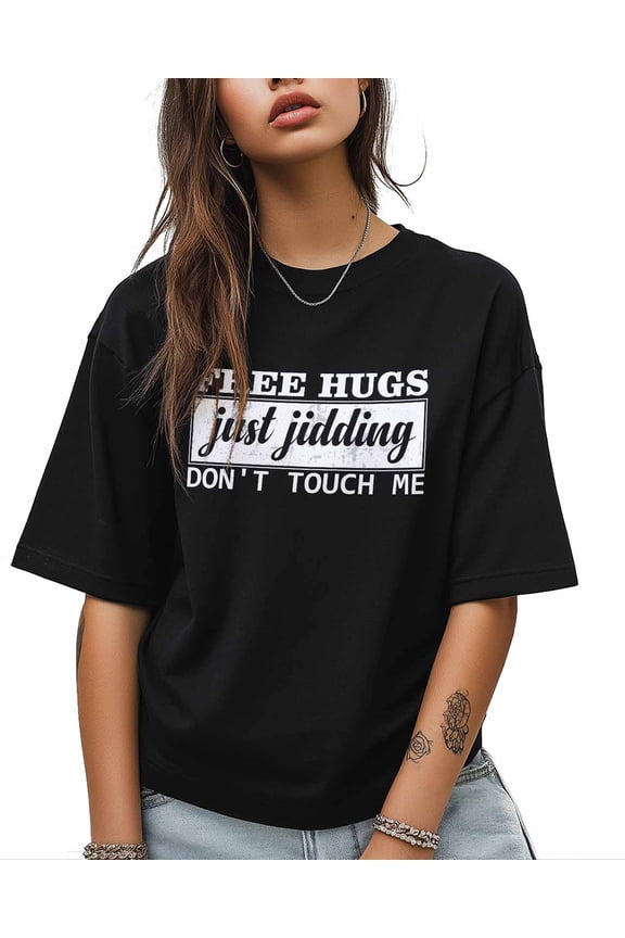 FREE HUGS T Shirts for Women Short Sleeve Cotton Crewneck T-Shirt Just Jidding Modern Art Graffiti Tee Tops Casual Basic T-Shirts, XS-5XL Black XS