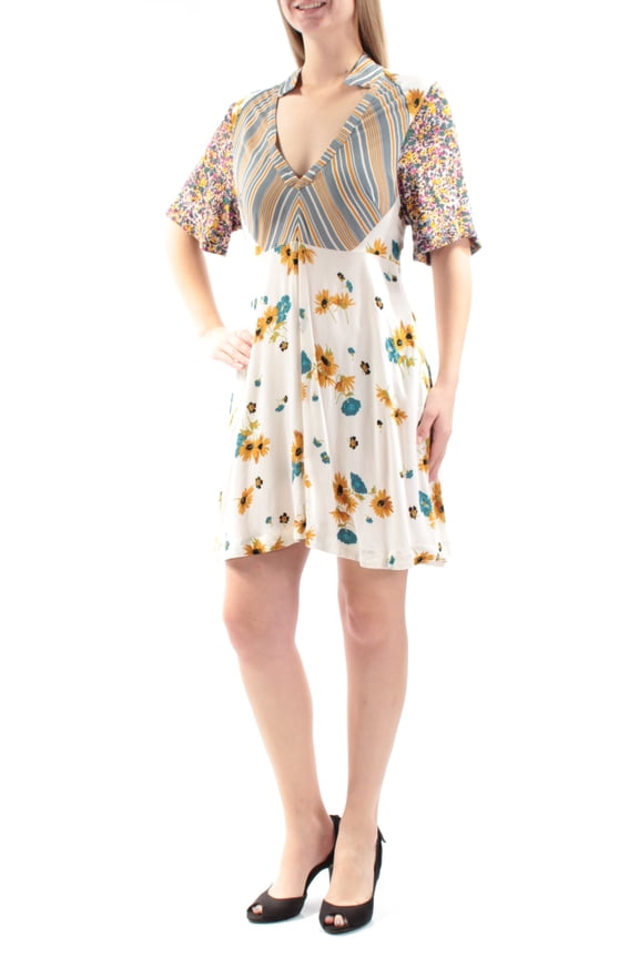 Womens Ivory Floral Short Sleeve V Neck Above The Knee Sheath Dress Size: 2