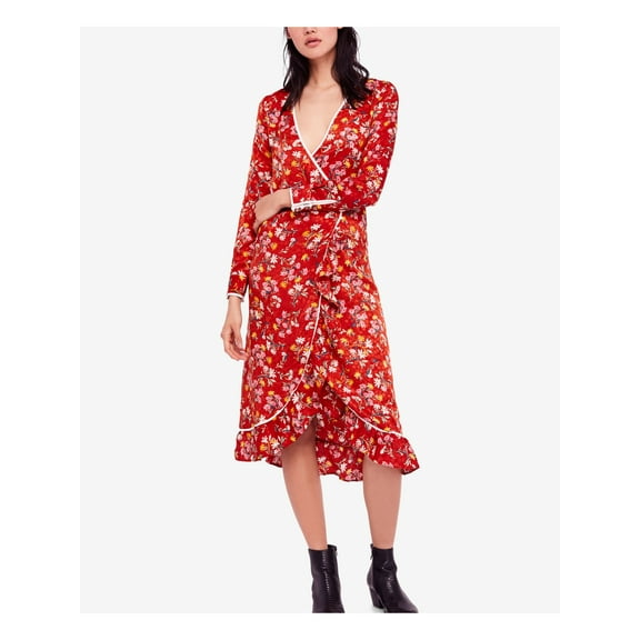 FREE PEOPLE $168 Womens New 1513 Red Floral Midi Wrap Dress Dress 0 B B