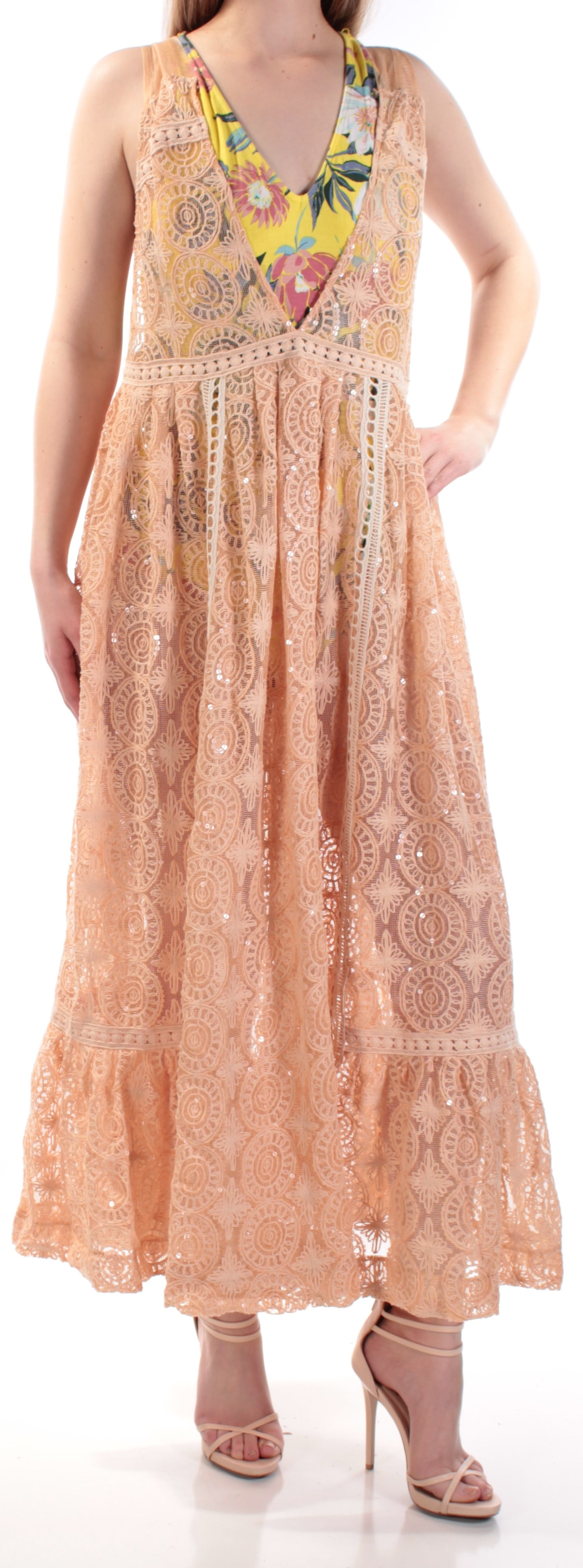 FREE PEOPLE $228 Womens New 1287 Orange Sequined Lace W/ Body Suit Dress M  B+B - Walmart.com