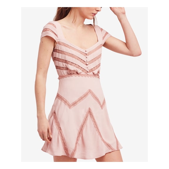 FREE PEOPLE $250 1452 Pink Floral Lace Illusion Trim Button Closures Dress 12