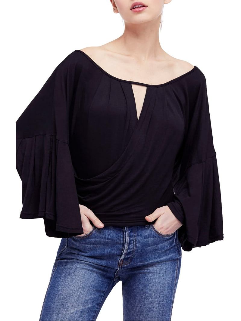 FREE PEOPLE Last Time Key-Hole Bell-Sleeve Blouse Top Black XS 0/2 - Walmart .com, image size:800x1067