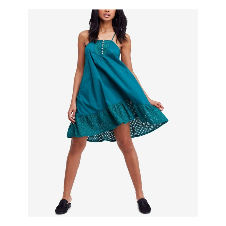FREE PEOPLE 88 Womens New 1145 Green Pleated Eyelet Spaghetti Strap Dress L B B