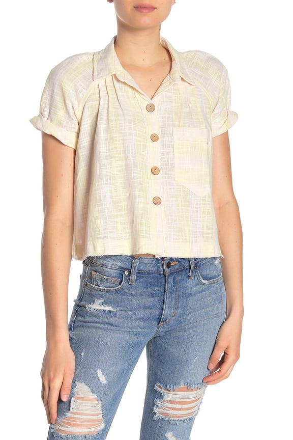 By Free People | Away at Sea Striped Frayed-Hem Shirt | Yellow | Size XS