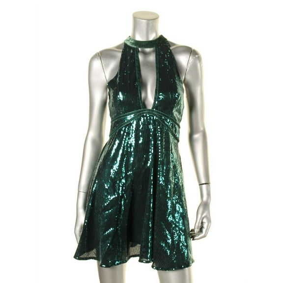 FREE PEOPLE $98 Womens New 1698 Green Sequined Choker Fit + Flare Dress 8 B+B