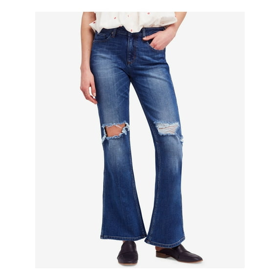 FREE PEOPLE $98 Womens New 1823 Blue Ripped Flare Jeans 24 Waist B+B