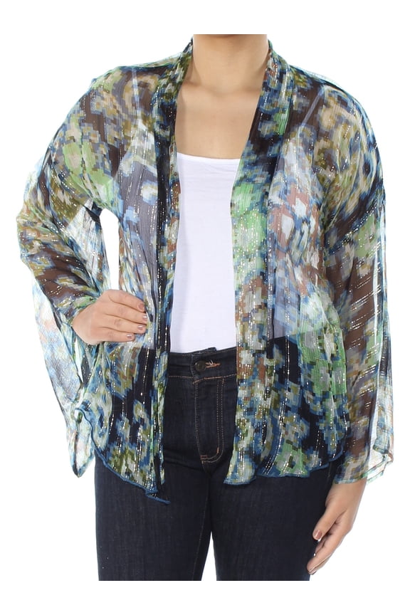 $98 Womens New 2043 Navy Printed Sheer Bell Sleeve Top S B+B