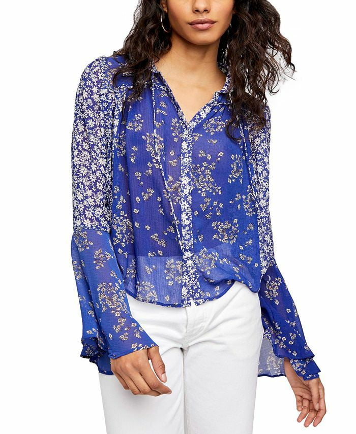 FREE PEOPLE SERENA PRINTED BLOUSE BLUE COMBO SMALL