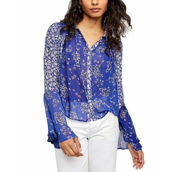 FREE PEOPLE SERENA PRINTED BLOUSE BLUE COMBO SMALL