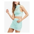thumbnail image 1 of FREE PEOPLE Womens Aqua Lace Frayed Sleeveless Turtle Neck Crop Top Party Top  Size: S, 1 of 3