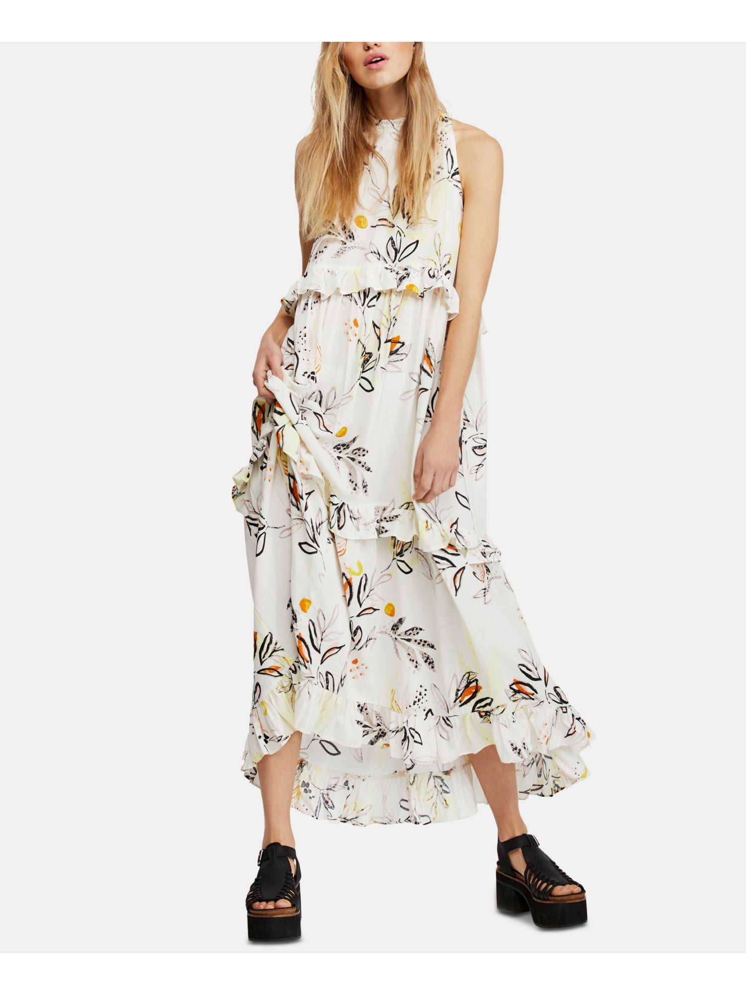 FREE PEOPLE Womens Beige Floral Sleeveless Crew Neck Maxi Ruffled Dress M -  Walmart.com