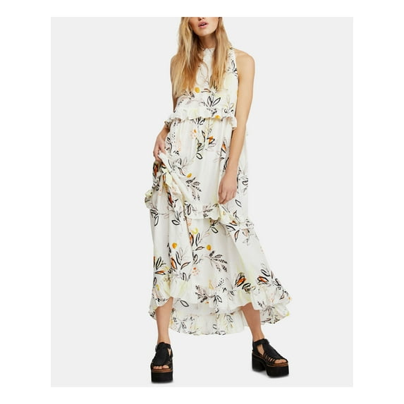 FREE PEOPLE Womens Beige Floral Sleeveless Crew Neck Maxi Ruffled Dress M