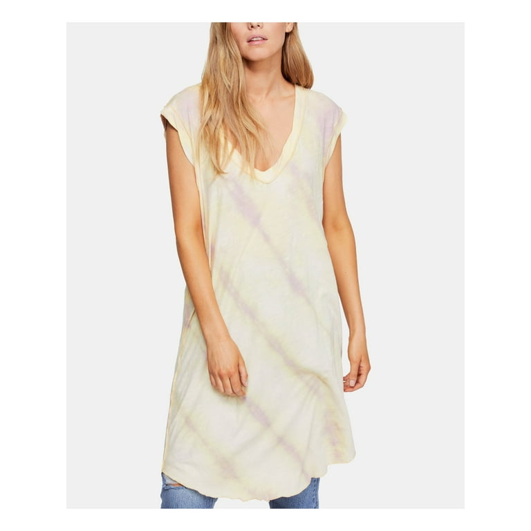 FREE PEOPLE Womens Beige Tie Dye Short Sleeve V Neck Tunic Top